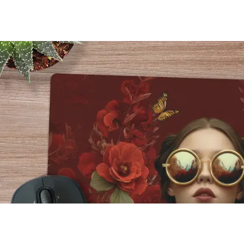 Bloemen - Dieprood - Zonnebril - Vrouw muismat rubber klein -closeup