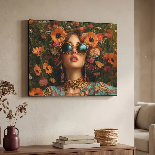 Vrouwen - Bloemen - Modern - Bril - Abstract Textielframe - compleet frame klein -sfeer3