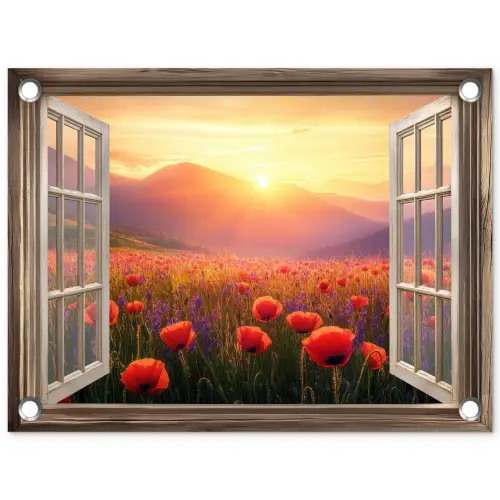 Doorkijk - Klaprozen - Bloemen - Rood - Open raam tuinposter los doek klein -3d