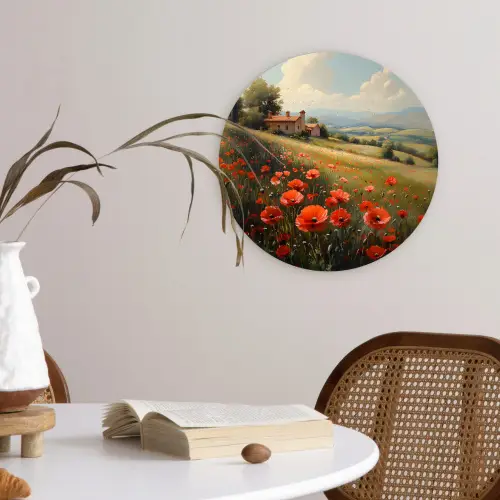 Klaprozen - Rood - Heuvels - Landschap Wandcirkel plexiglas klein -sfeer4