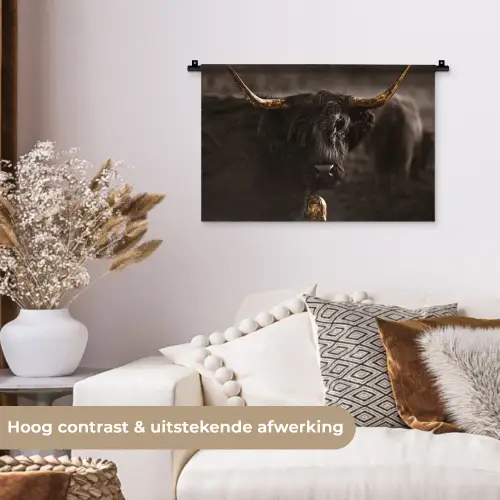 Schotse hooglander - Goud - Koebel - Hoorns - Dieren Wandkleed katoen klein -sfeer1