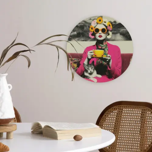 Vrouw - Kat - Bloemen - Kopje - Retro Wandcirkel kunststof plaat 5mm dik klein -sfeer4