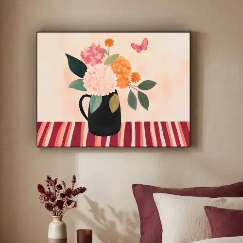 Vaas - Bloemen - Vlinder - Rood Textielframe zwart klein -sfeer1