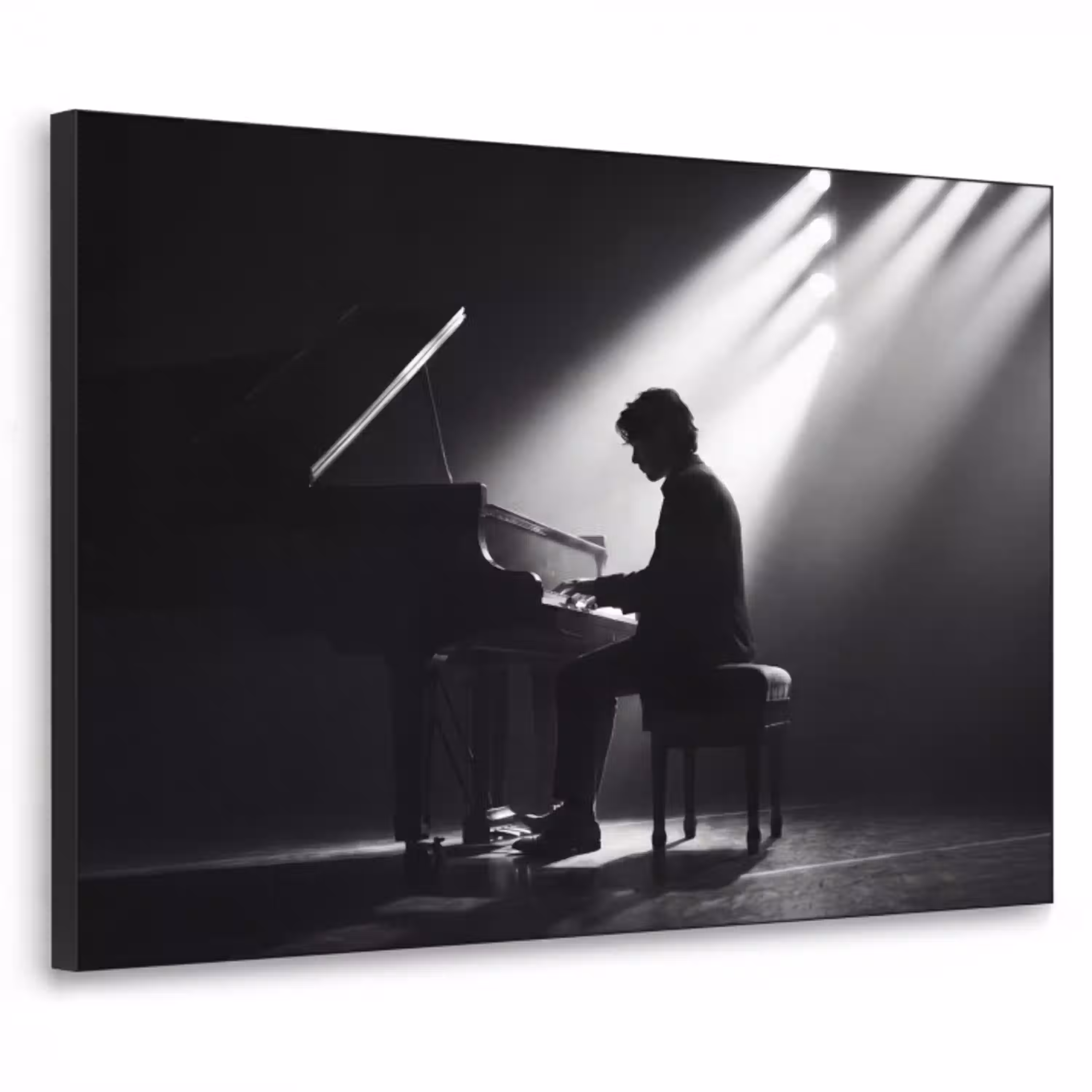 Persoon - Piano - Muziek - Zwart-wit - Podium Textielframe zwart klein -3d