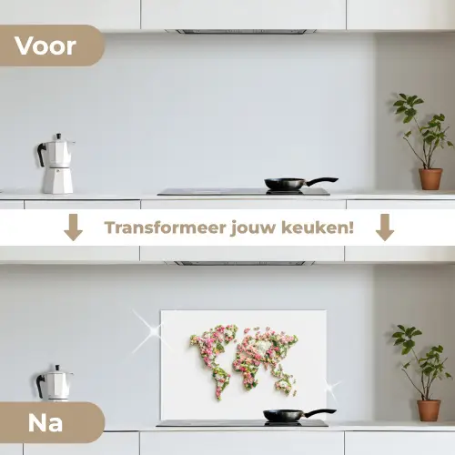 Wereldkaart - Bloemen - Subtiel keuken achterwand spatscherm klein -voor_na_NL