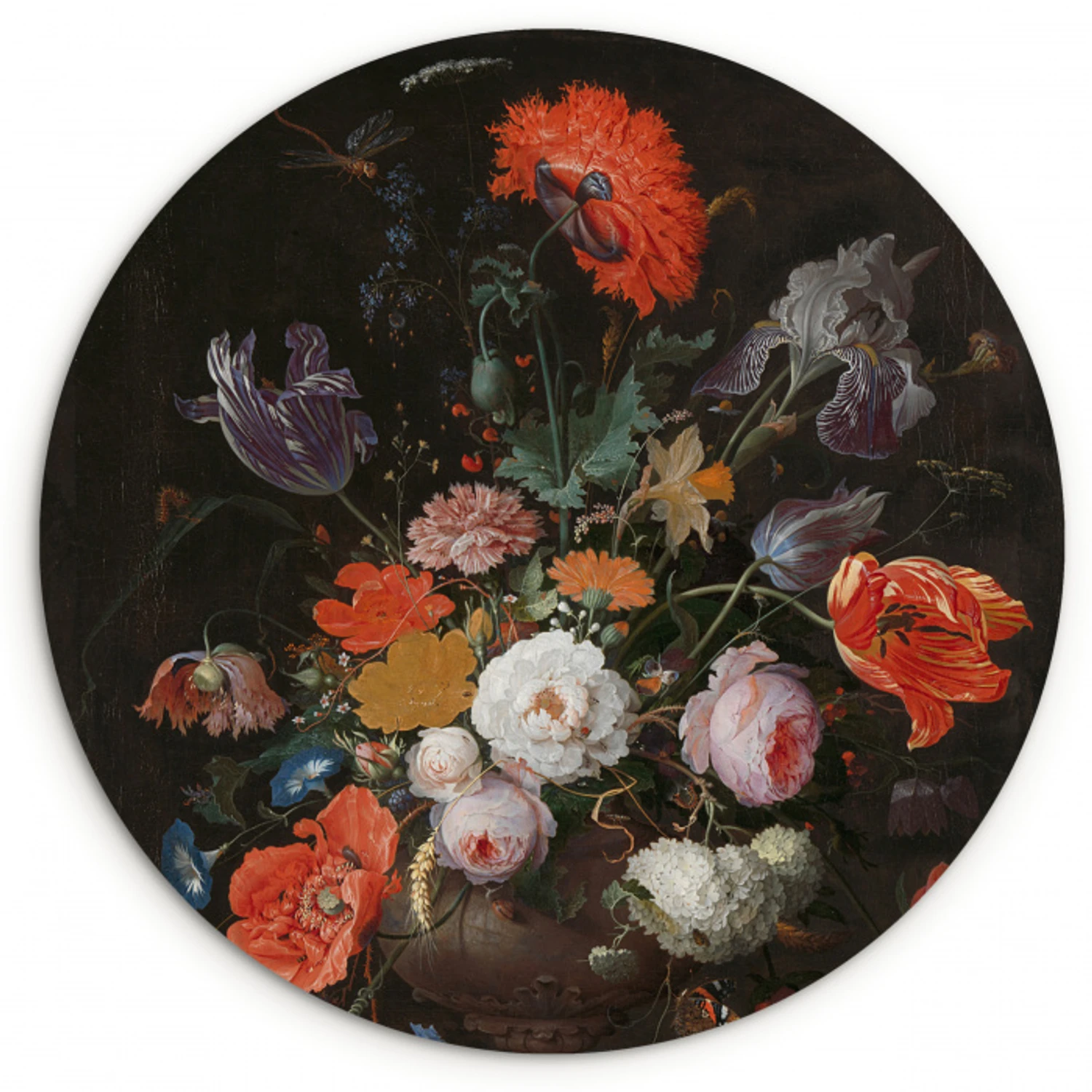 Stilleven met bloemen en een horloge - Schilderij van Abraham Mignon Wandcirkel kunststof plaat 5mm dik klein -3d