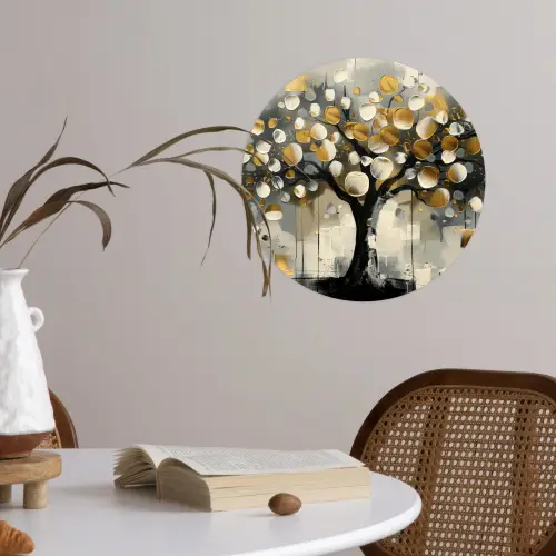 Boom - Abstract - Beige - Goud - Zwart Wandcirkel behangsticker klein -sfeer3