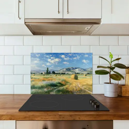 Landschap - Strobalen - Bergen - Wolken keuken achterwand spatscherm klein -sfeer2