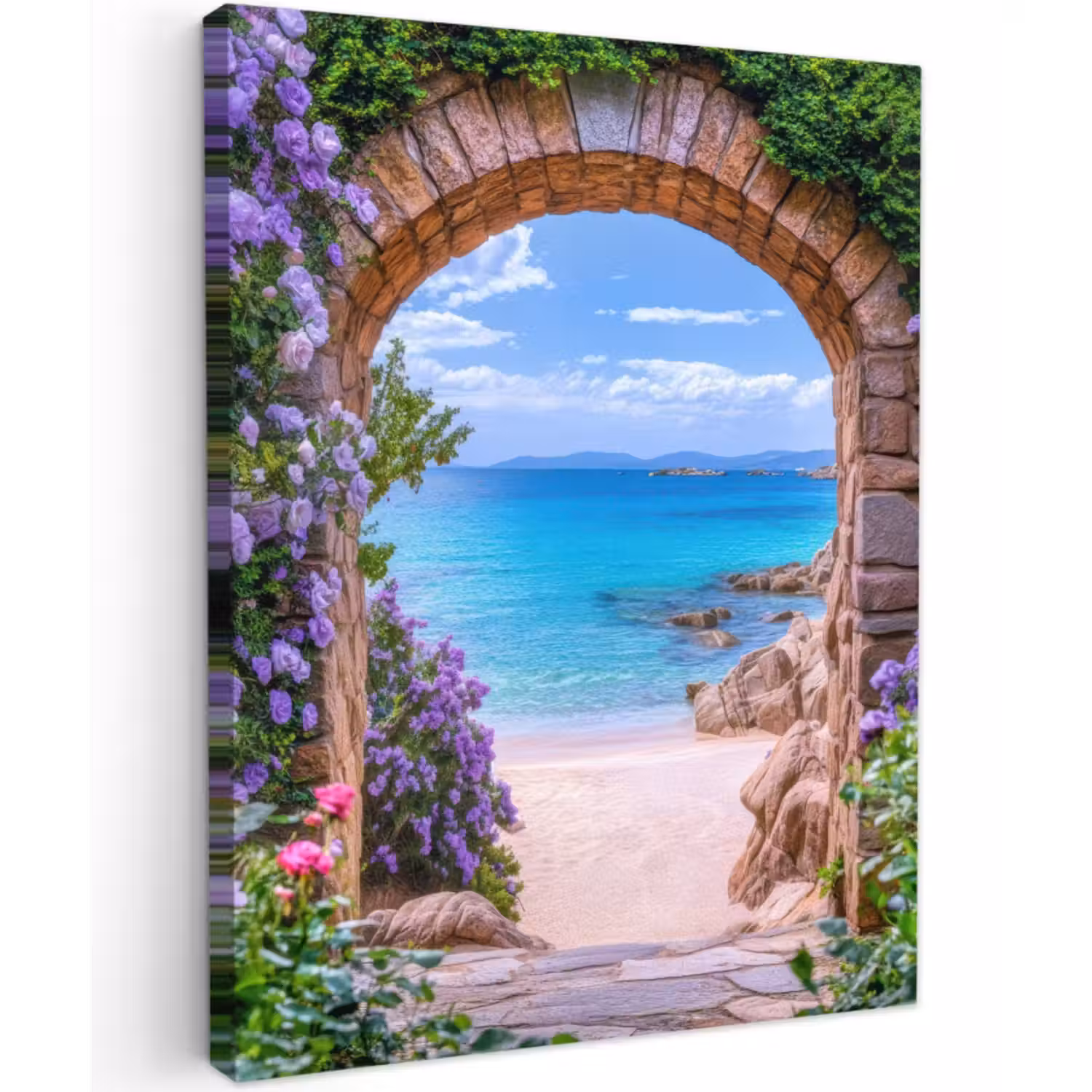 Canvas schilderij - Doorkijk - Poort - Zee - Strand - Rotsen