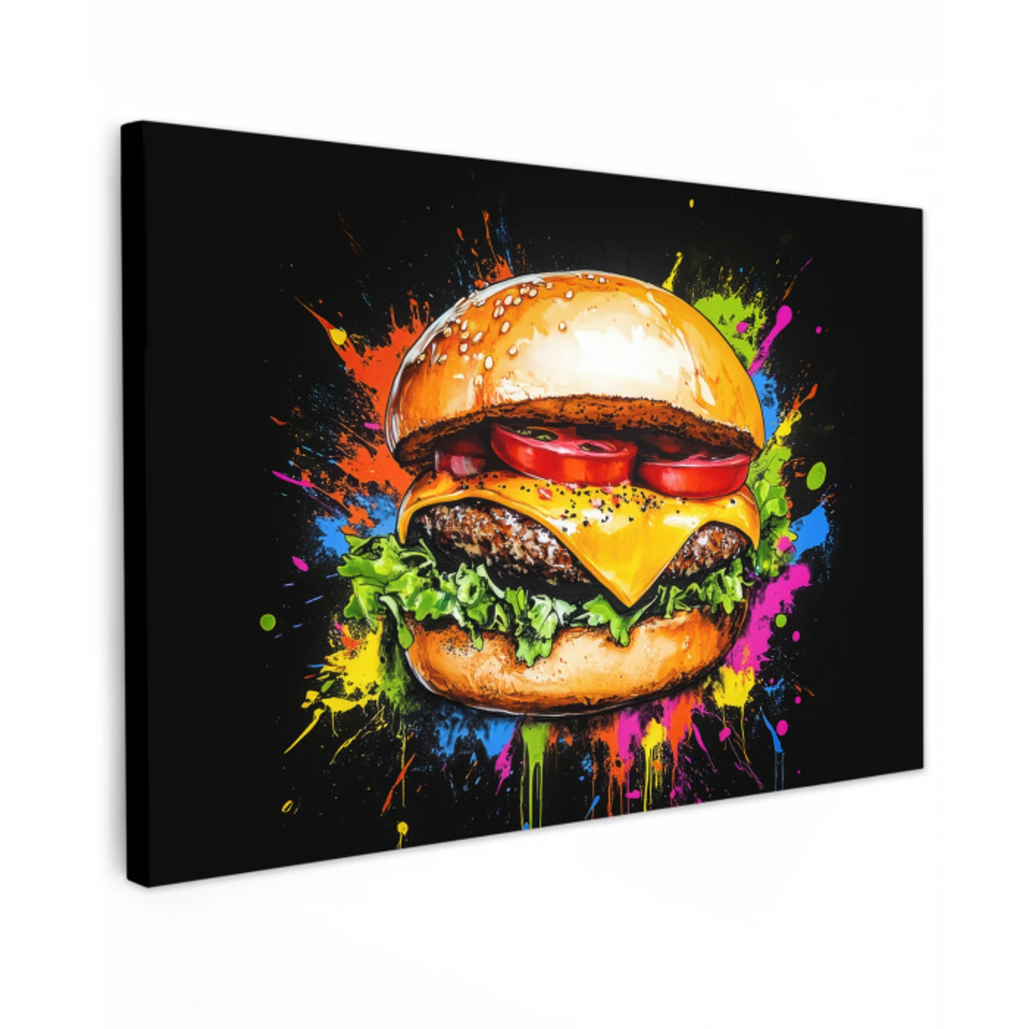 Hamburger - Graffiti - Verf - Kleurrijk - Eten - Abstract Tuinposter op houten frame 2 cm dik klein -3d