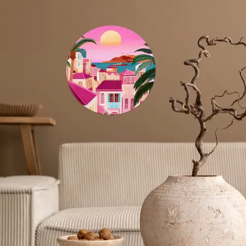 Stad - Roze - Palmbomen Wandcirkel behangsticker klein -sfeer1