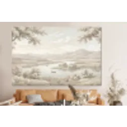 Rivierlandschap - Bergen - Natuur - Vintage - Beige forex 5mm xxl -bovenbank