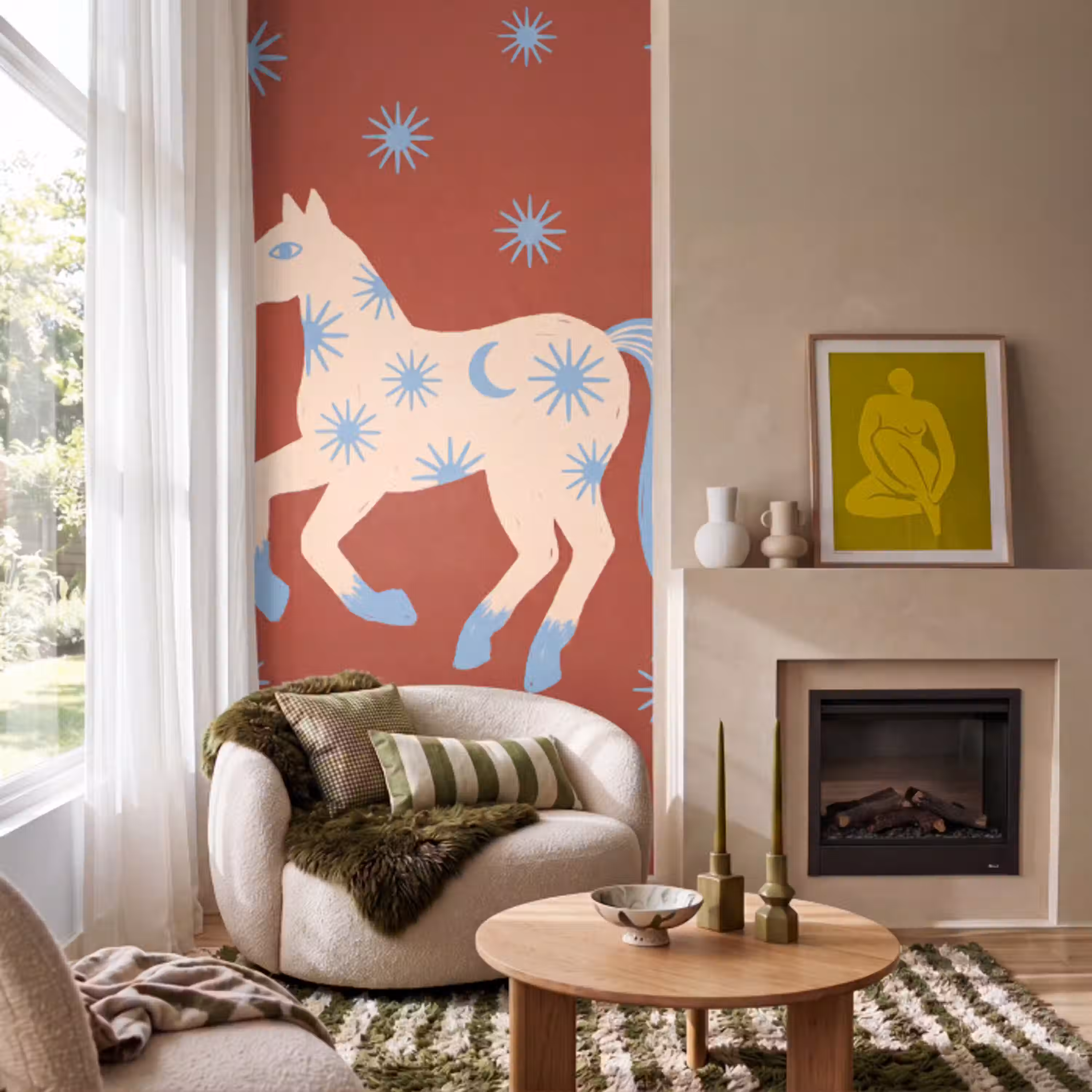 Dieren - Sterren - Maan - Abstract - Rood Behang Vlies klein -sfeer2