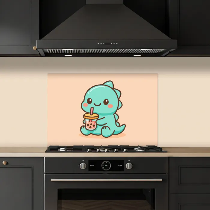 Dino - Boba - kawaii - Oranje keuken achterwand spatscherm klein -sfeer1