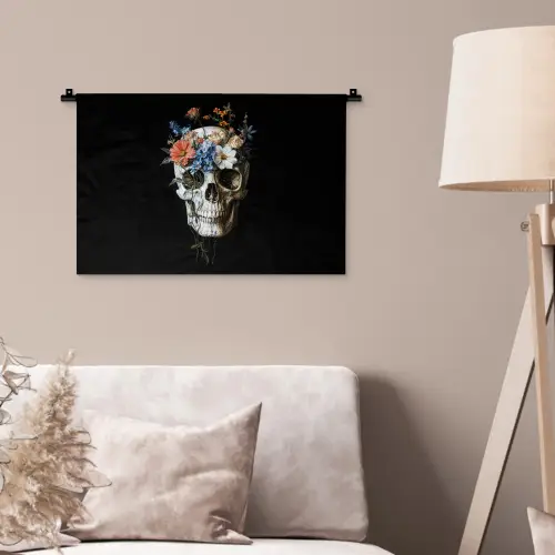 Bloemen - Schedel - Kleurrijk Wandkleed katoen klein -sfeer4