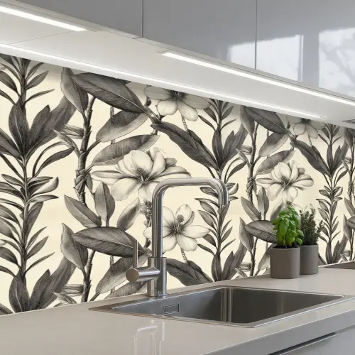 Klassiek - Botanisch - Zwart - Beige keuken achterwand 2 middel 871 -3d_schuin