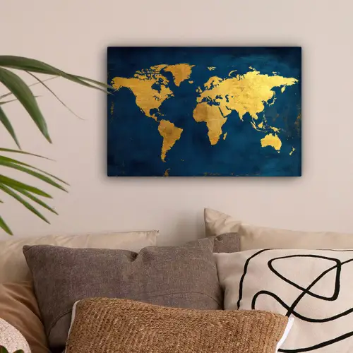 Wereldkaart - Goud - Donkerblauw canvas 2cm klein -sfeer1