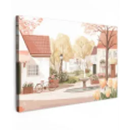 Dorpsplein - Fontein - Tulpen Tuinposter op houten frame 2 cm dik klein -3d