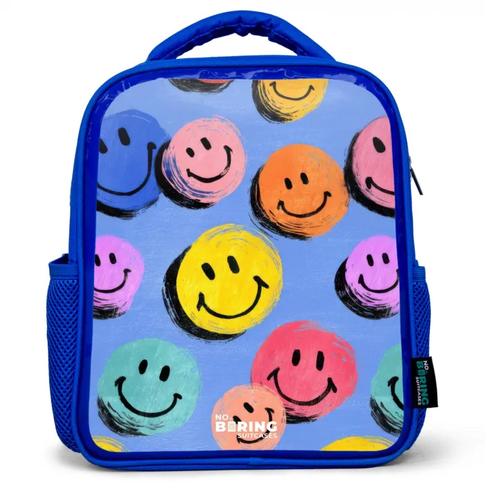 Een speels en kunstzinnig patroon van kleurrijke smileys Kinderrugzak - Blauw middel -3d
