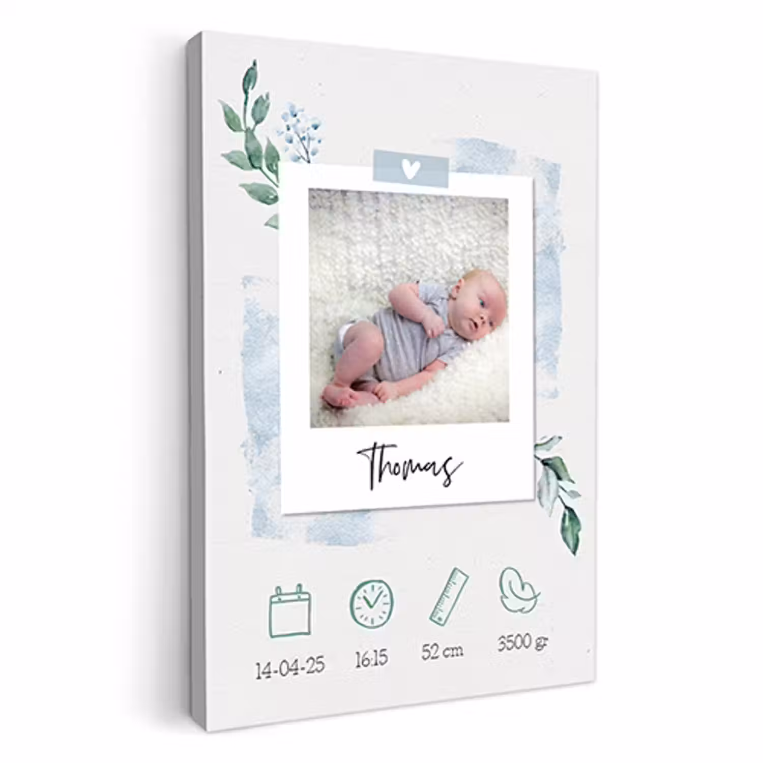 Geboorteposter foto blauw op canvas