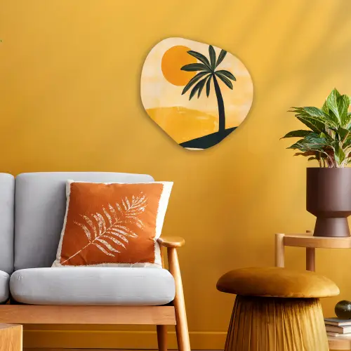 Illustratie - Palmboom - Zon - Heuvels Wandcirkel Organisch Forex 3mm klein -sfeer4