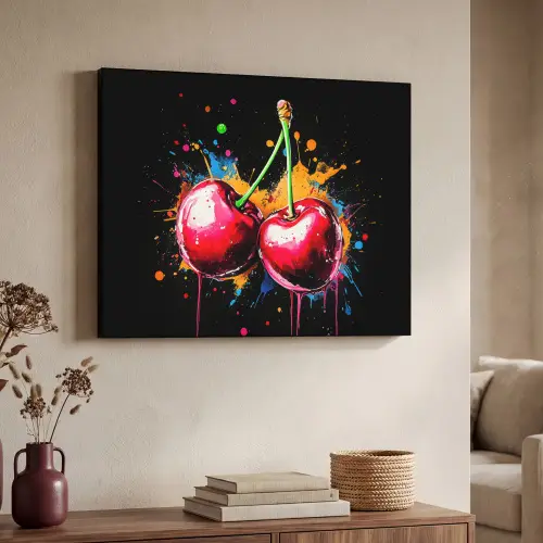 Kersen - Fruit - Graffiti - Verf - Abstract - Modern - Kleurrijk Textielframe zwart klein -sfeer3