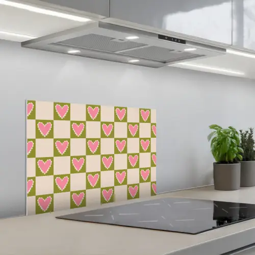 Olijfgroen - Hartjes - Patroon - Retro keuken achterwand spatscherm klein 900 -3d_schuin