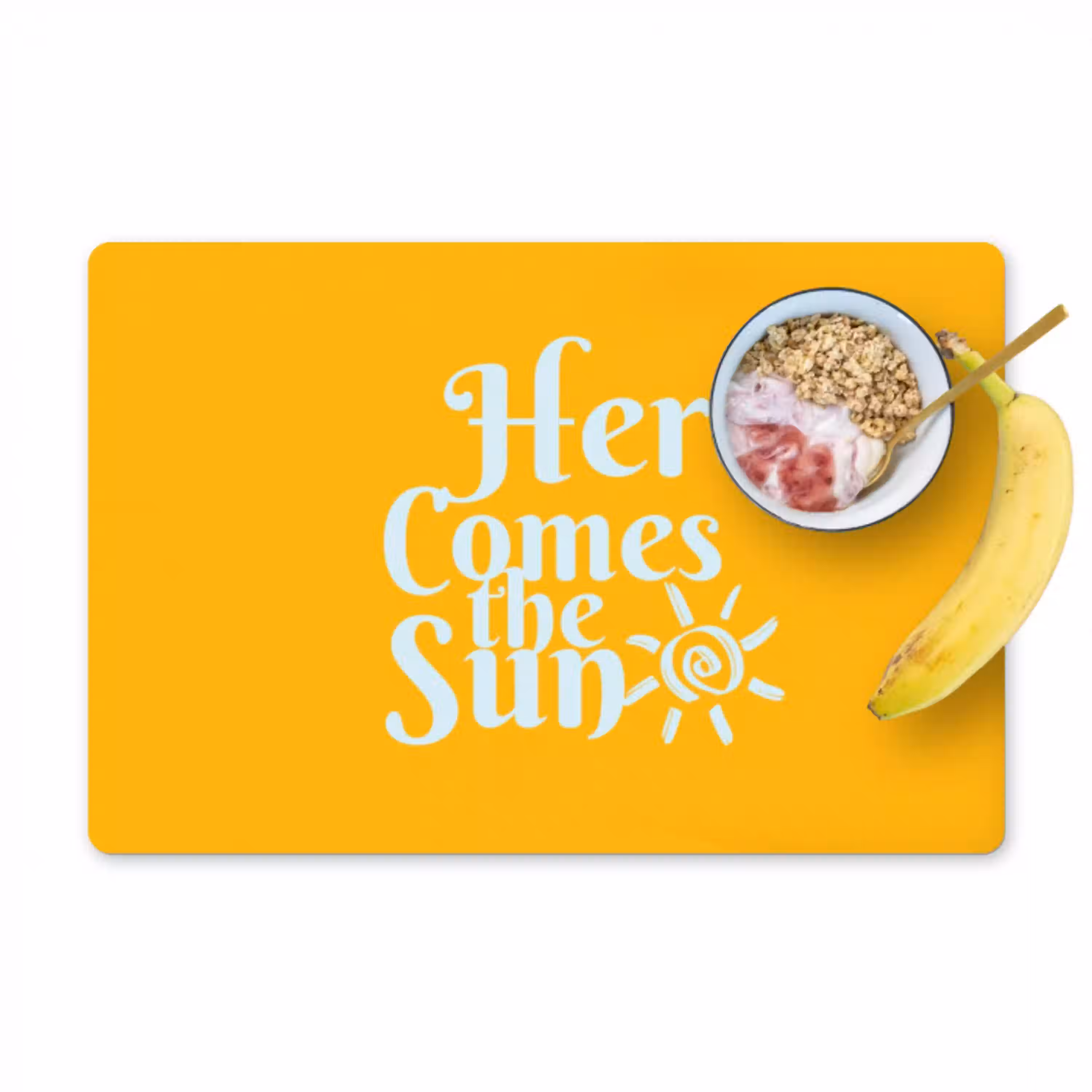 Geel - Blauw - Here comes the sun Placemat vinyl groot -zzzproduct_Kitchenyeah-website