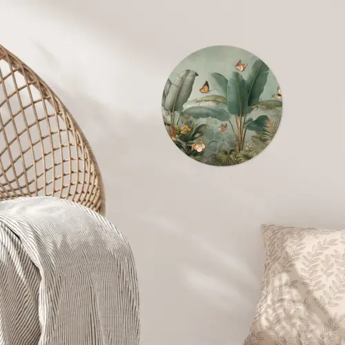 Tropisch bladerdek - Vlinders - groen - Bruin Wandcirkel behangsticker klein -sfeer4