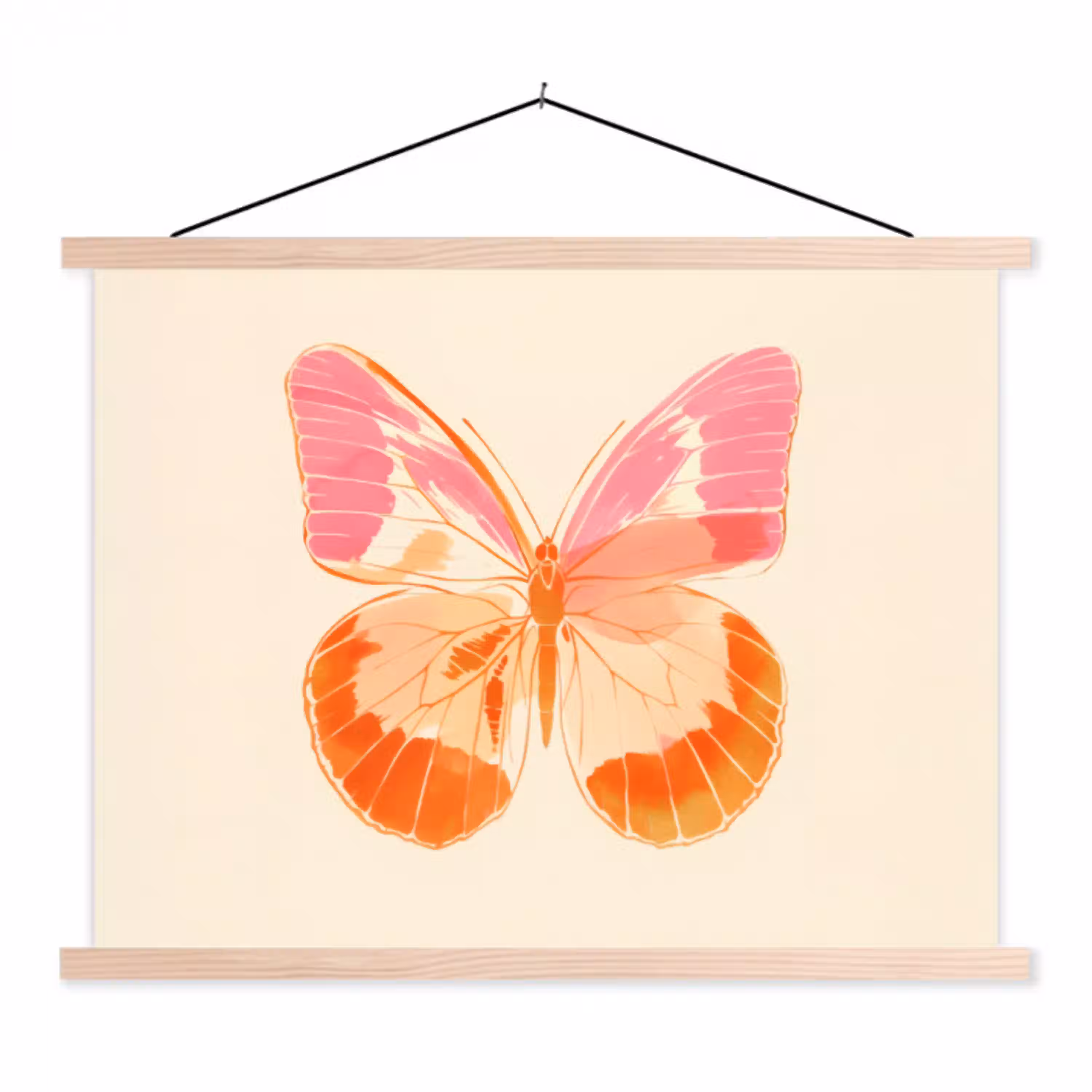 Oranje - Vlinder - Minimalistisch textielposter latten blank klein -3d