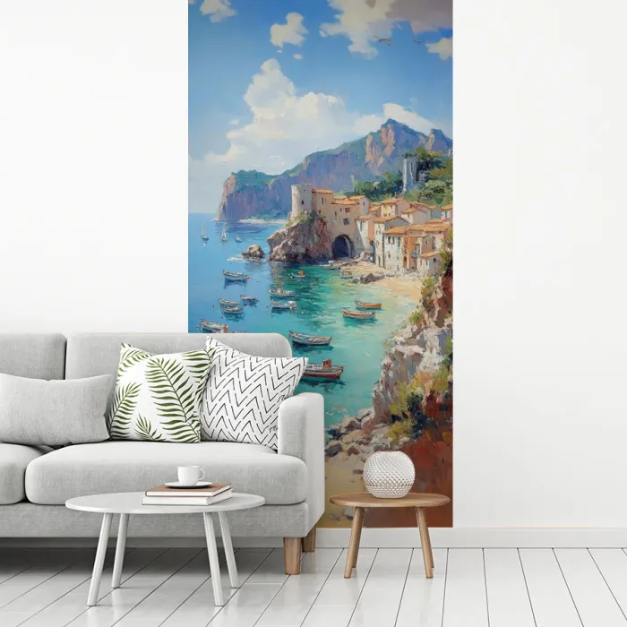 Kustdorp - Schilderij - Rotsen - Boten fotobehang vinyl groot -woonkamer