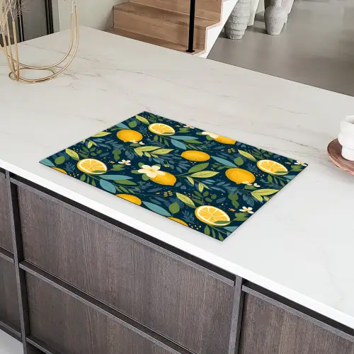 Bloemen - Bladeren - Citroenen - Blauw Inductie beschermer vinyl 3mm klein 276 -sfeer8