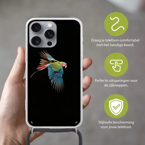 Papegaai - Kleurrijk - Vleugels - Sierlijk Hoesje iPhone 16 Pro Max met koord klein -sfeer2_NL
