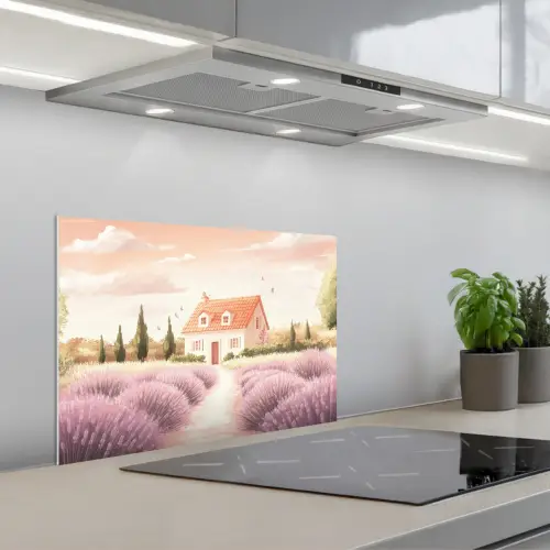 Lavendelveld - Huis - Paars keuken achterwand spatscherm klein -3d_schuin