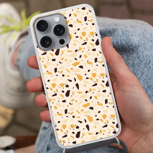 Terrazzo -  Patroon - Geel - Hoesje iPhone 16 Pro Max met koord klein 804 -sfeer3