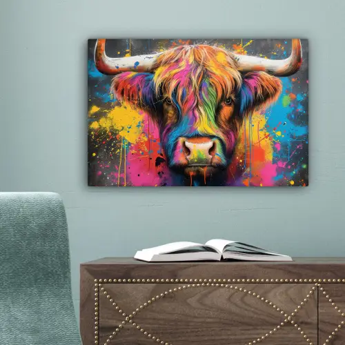 Graffiti - Schotse hooglander - Koe - Kleurrijk canvas 2cm klein -sfeer4