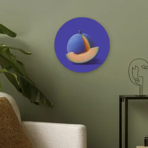 Meloen - Blauw - Oranje - Kunstzinnig Akoestische PET Vilt - Rond klein -sfeer2