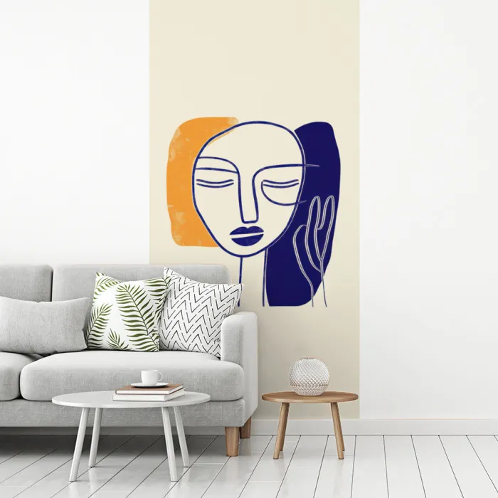 Minimalistisch - Gezicht - Hand - Oranje - Blauw fotobehang vinyl groot -woonkamer