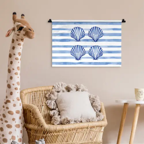 Vier schelpen - Blauw - Wit - Strepen Wandkleed katoen klein -wsfeer5_kind