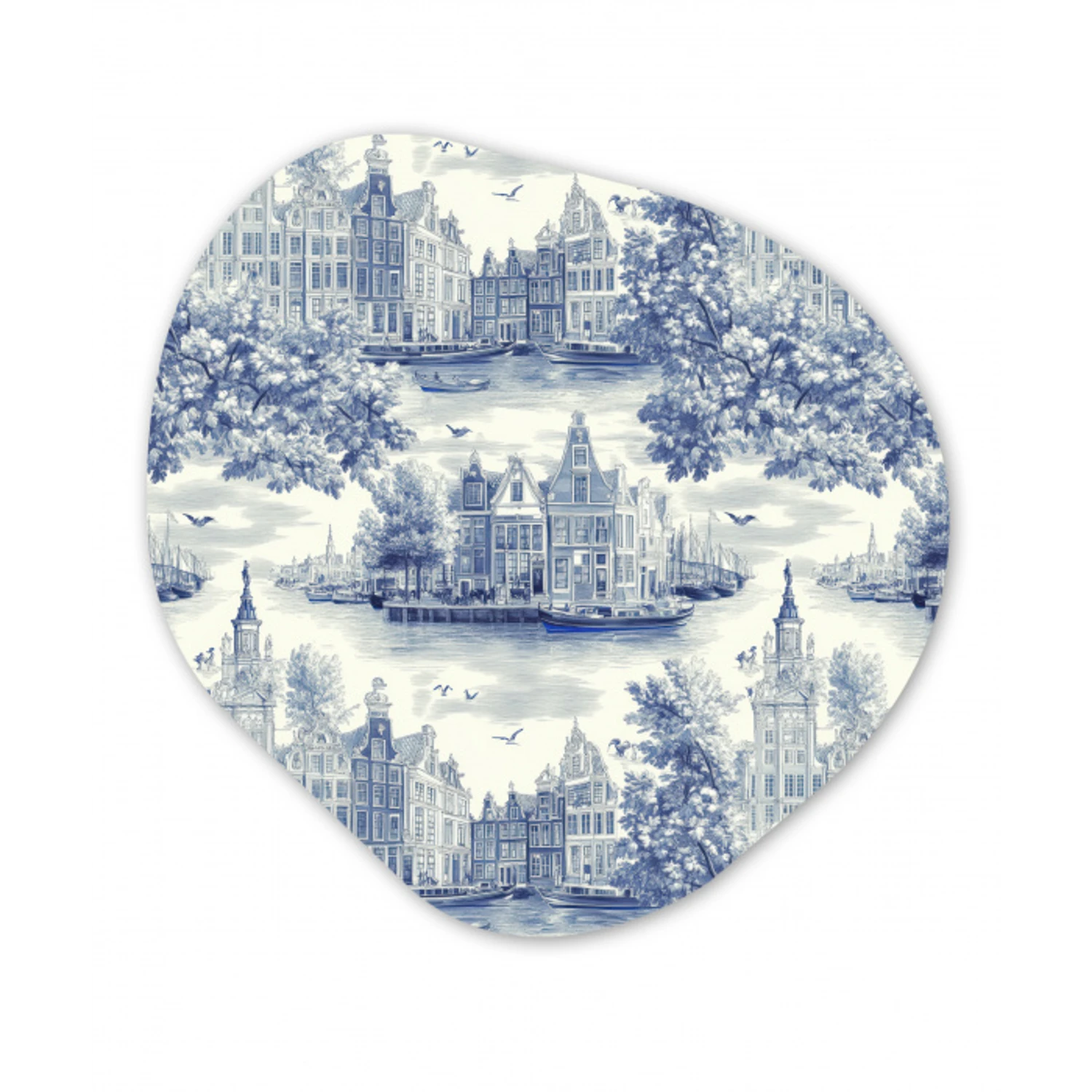 Huizen - Bomen - Water - Vogels - Blauw Wandcirkel Organisch Aluminium middel 851 -3d