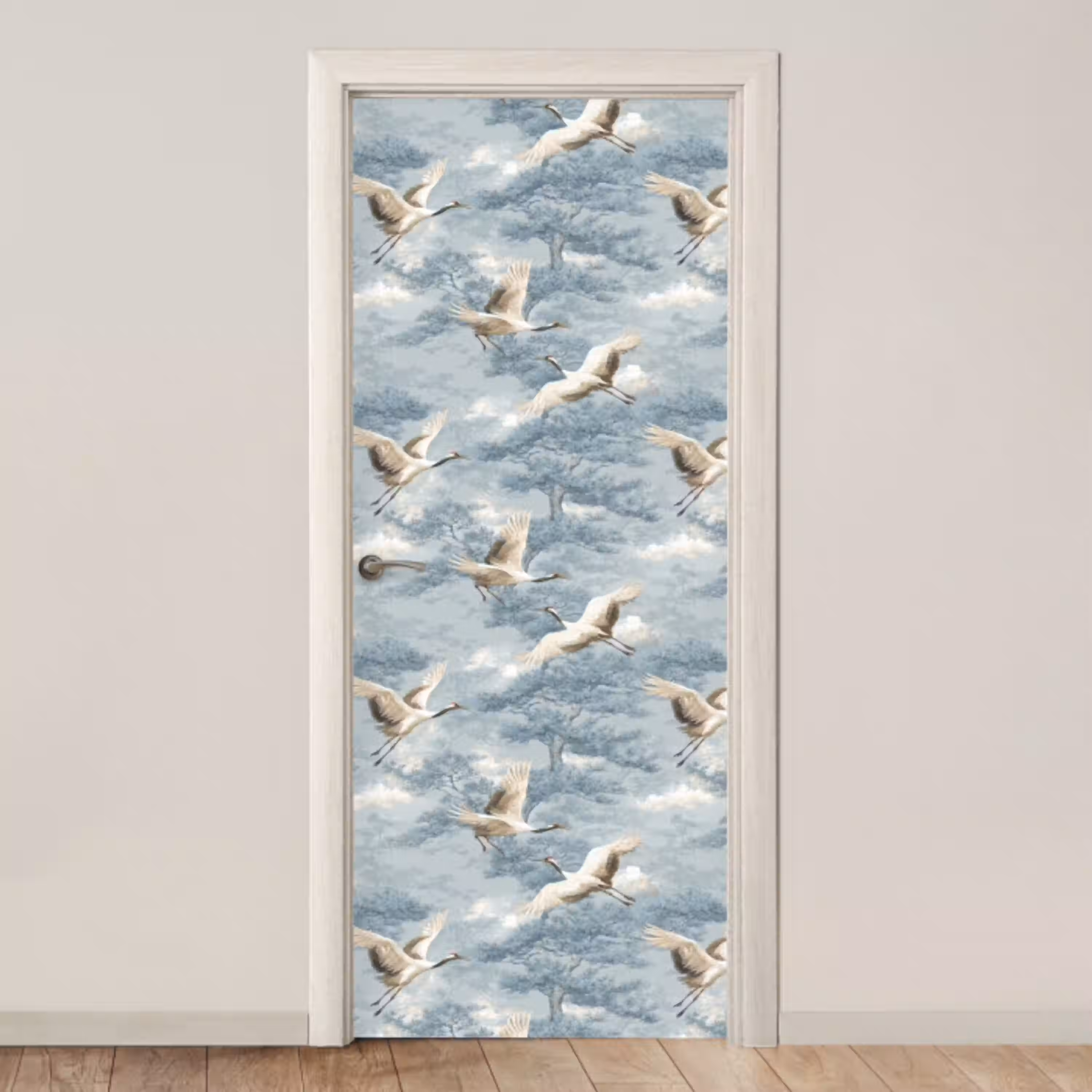 Wolken - Kraanvogels - Blauw deurposter klein 289 -3d_beige