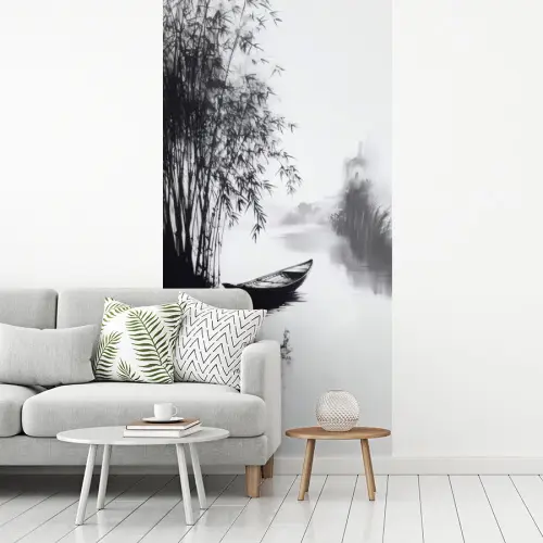 Boot - Rivier - Bamboe - Wit fotobehang vinyl groot -woonkamer