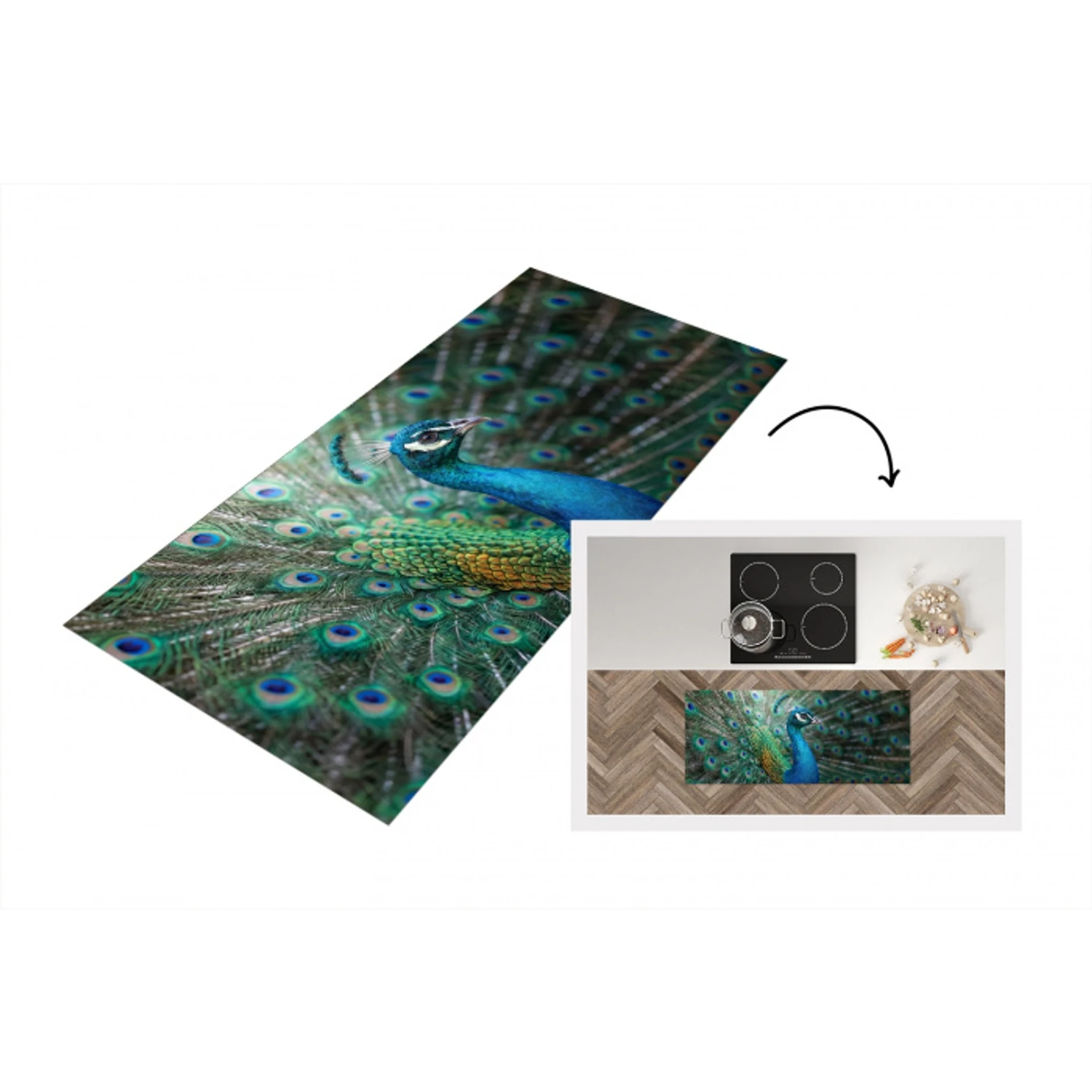 Pauw - Veren - Blauw Keukenloper - keukenmat middel -3d