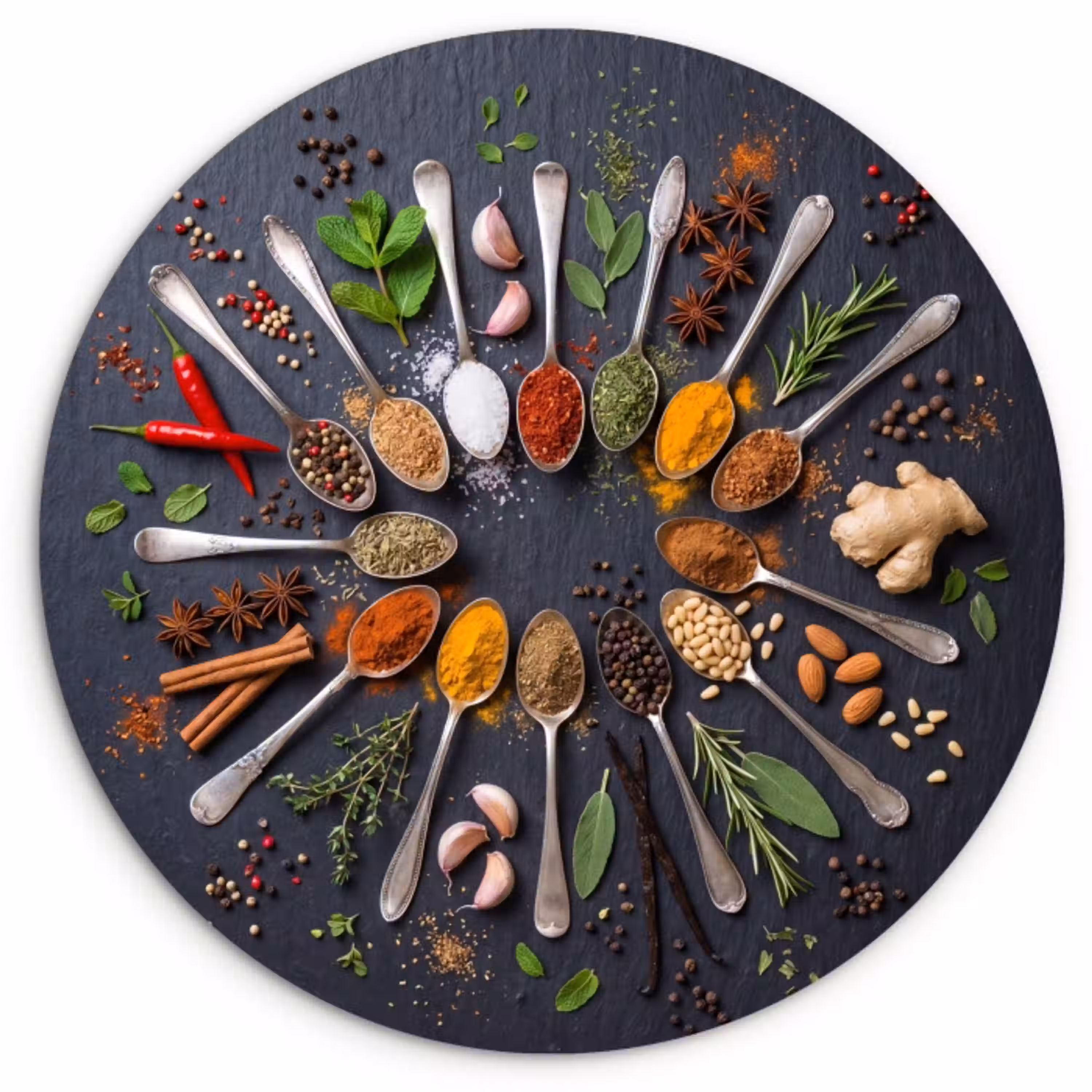 Kruiden - Lepels - Culinair - Kleurrijk - Sfeervol Wandcirkel kunststof plaat 5mm dik klein -3d