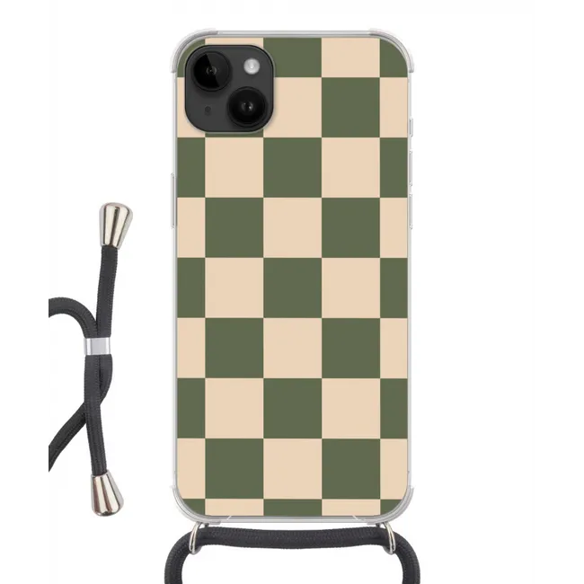 Telefoonhoesje met koord - Schaakbord print - Groen - Beige - Blokjes