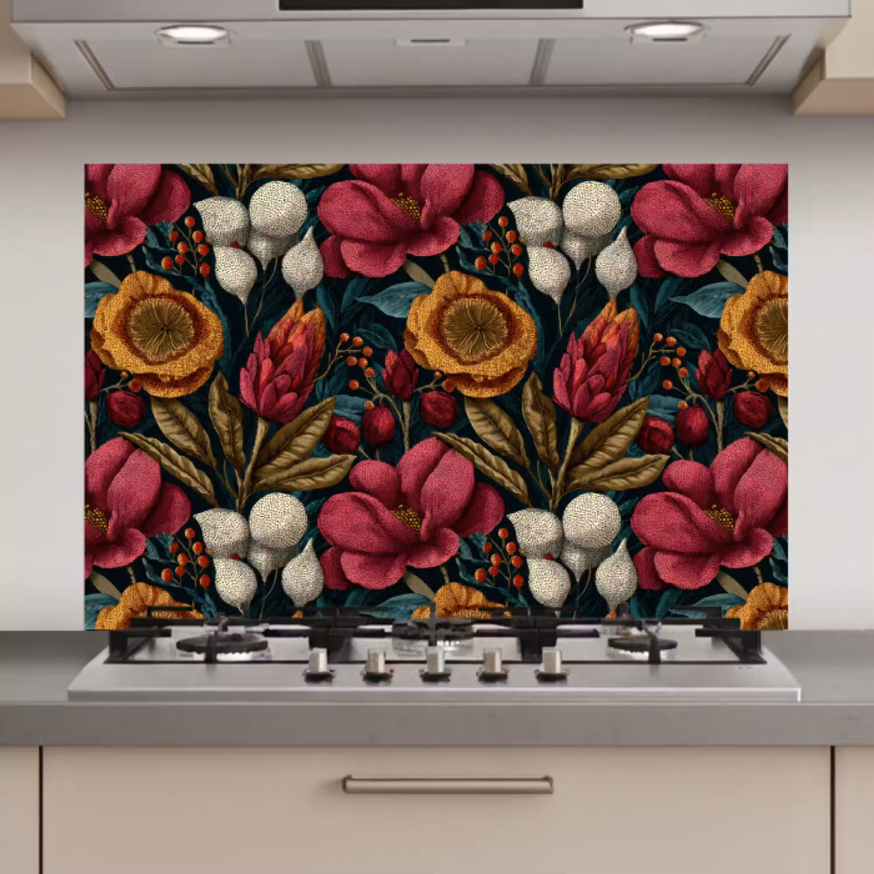 Bloemen - Patroon - Rood - Goud keuken achterwand spatscherm klein 900 -3d_website