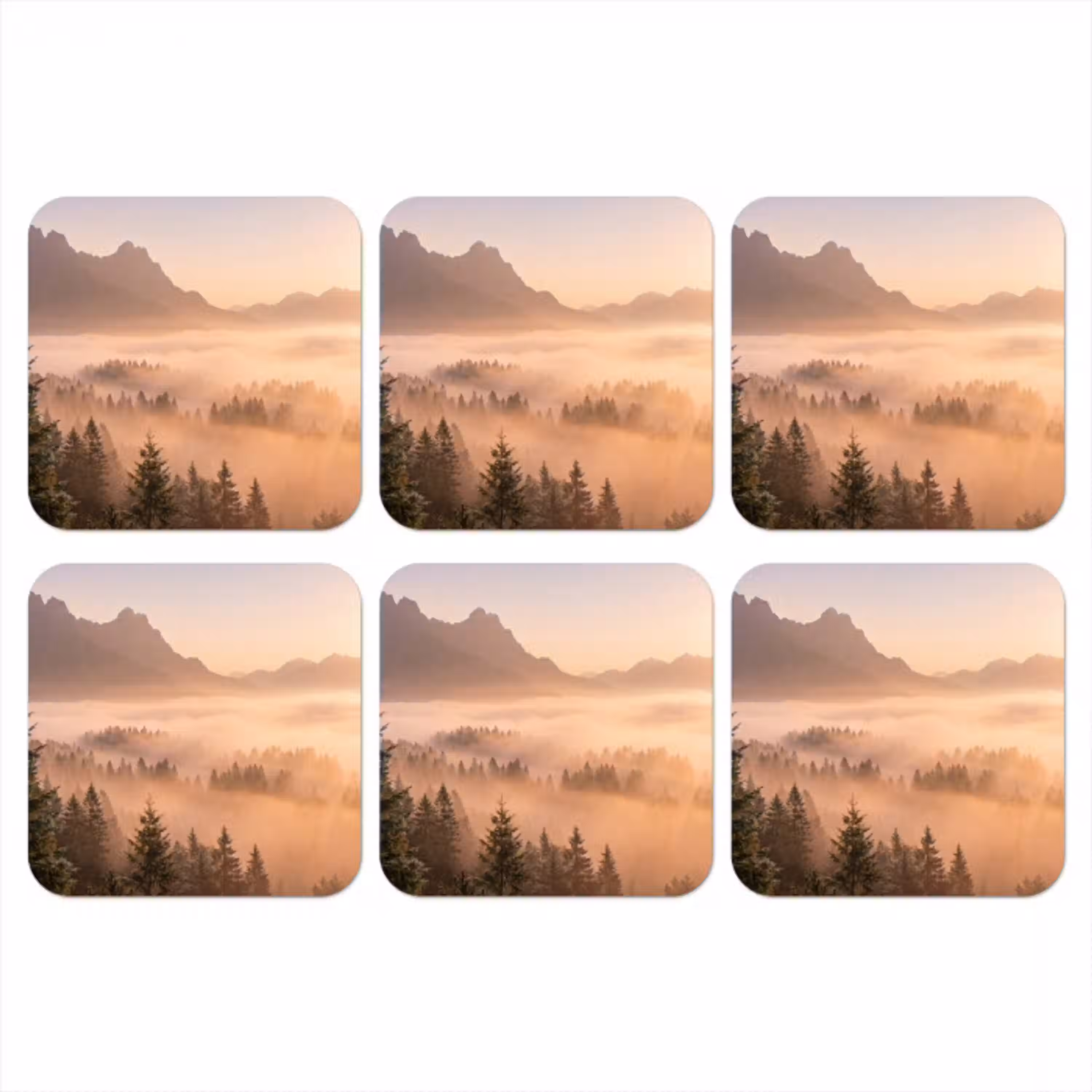 Zonlicht - Mist - Bergen - Bomen onderzetter kurk middel -3d