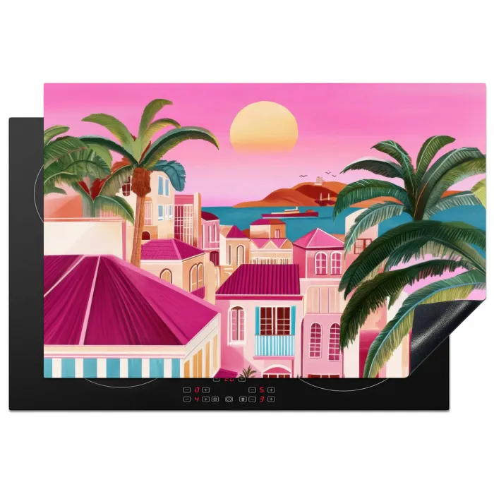 Stad - Roze - Palmbomen Inductie beschermer vinyl 3mm klein -3d