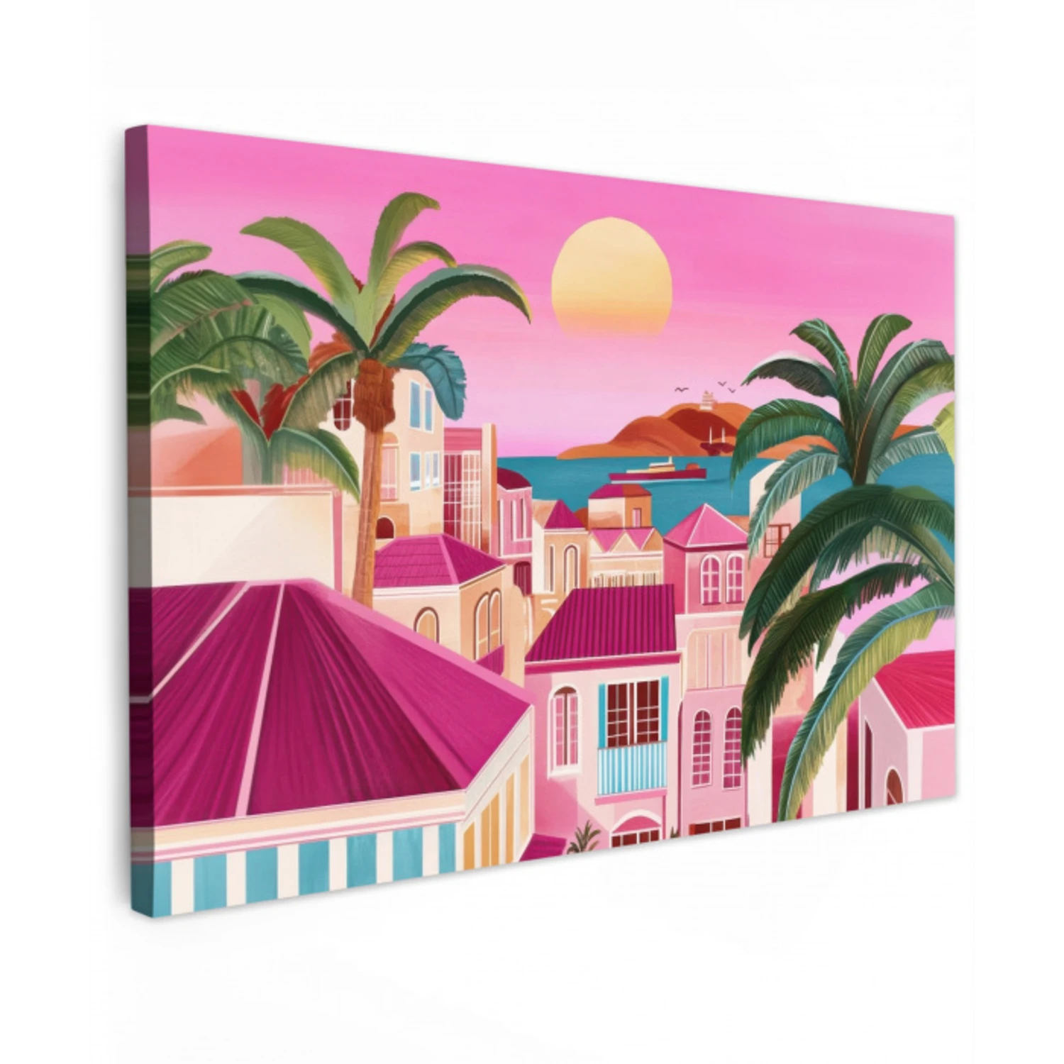 Stad - Roze - Palmbomen Tuinposter op houten frame 2 cm dik klein -3d
