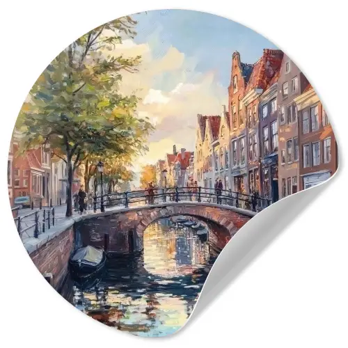 Brug - Stad - Huizen - Boot Wandcirkel behangsticker klein -3d